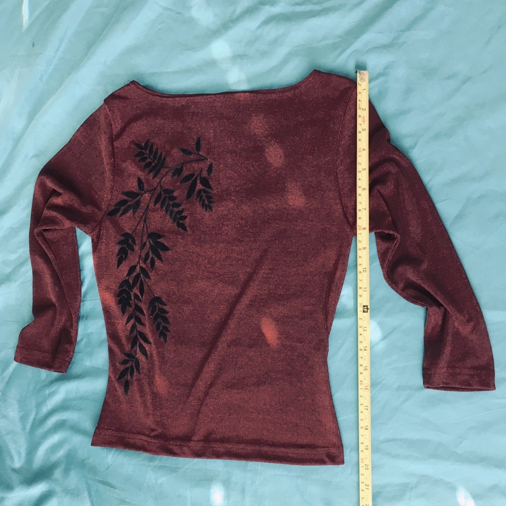 90’s Ecru burgundy/black velvet 3/4 sleeve top